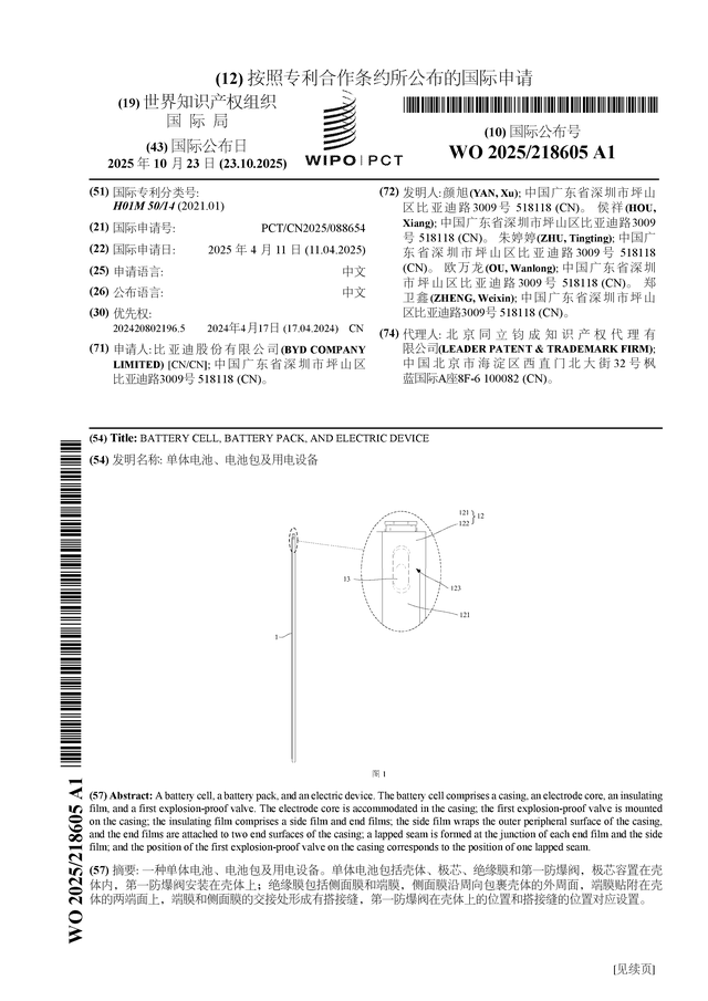 比亚迪公布国际专利申请：“单体电池、电池包及用电设备”