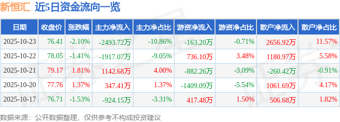 新恒汇（301678）10月23日主力资金净卖出2493.72万元