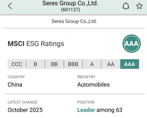 赛力斯获MSCI ESG AAA最高评级 彰显可持续发展全球领先实力