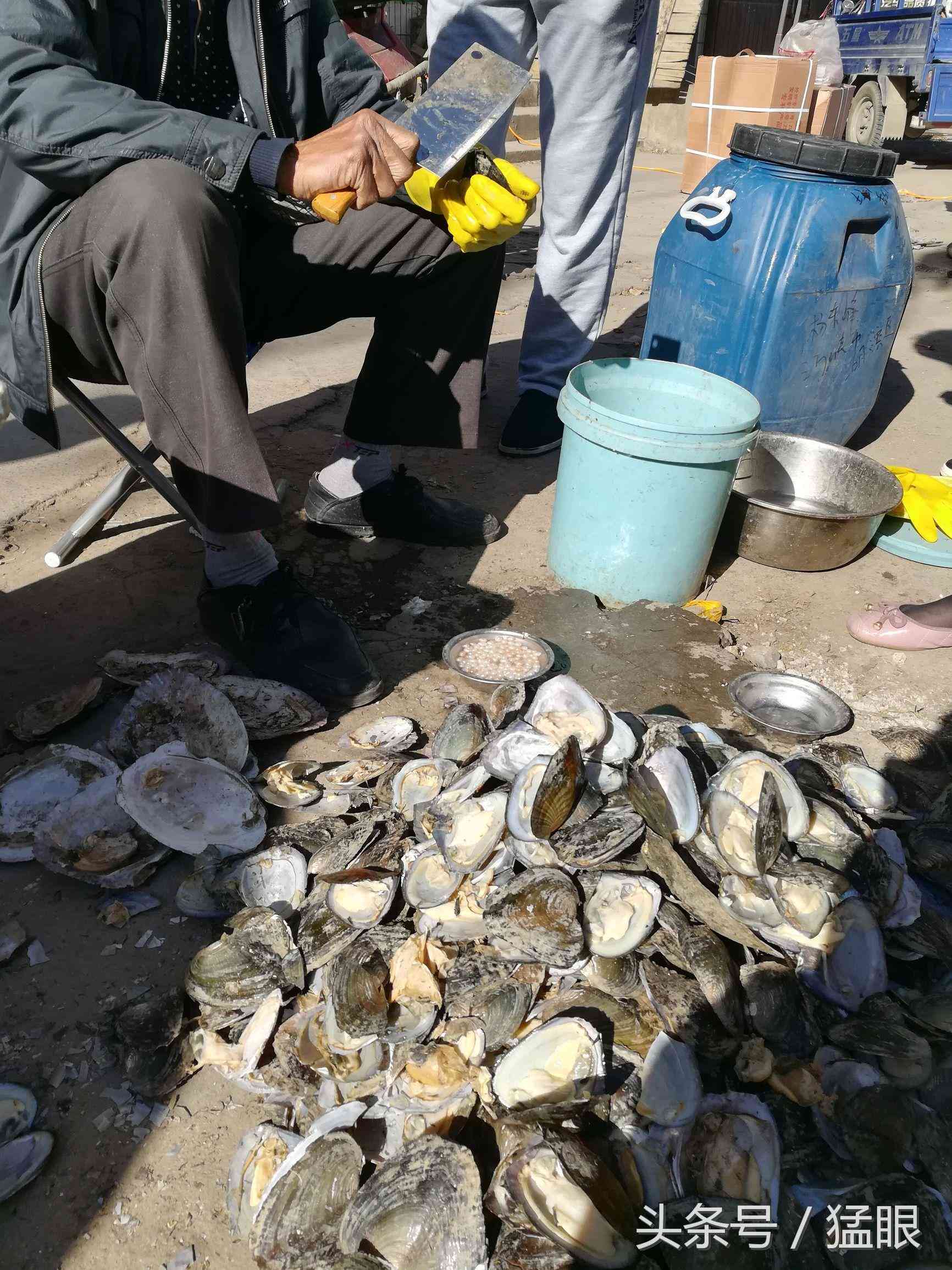 老人街头卖北海珍珠,一颗两元现拨现卖现加工,市民围观只看不买